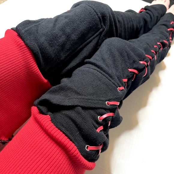 Red Corset Thigh Highs Black Lace Up Leg Warmers Over the Knee Socks Leggings OS - Picture 9 of 13